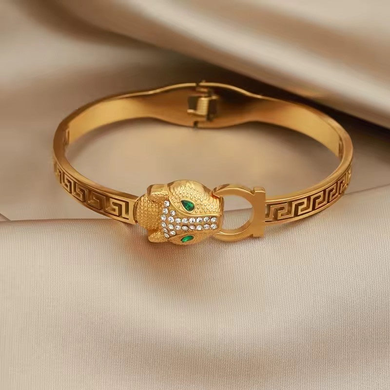 18K Gold Plated Panther Head Bangle with Green Eyes & Crystal Accents