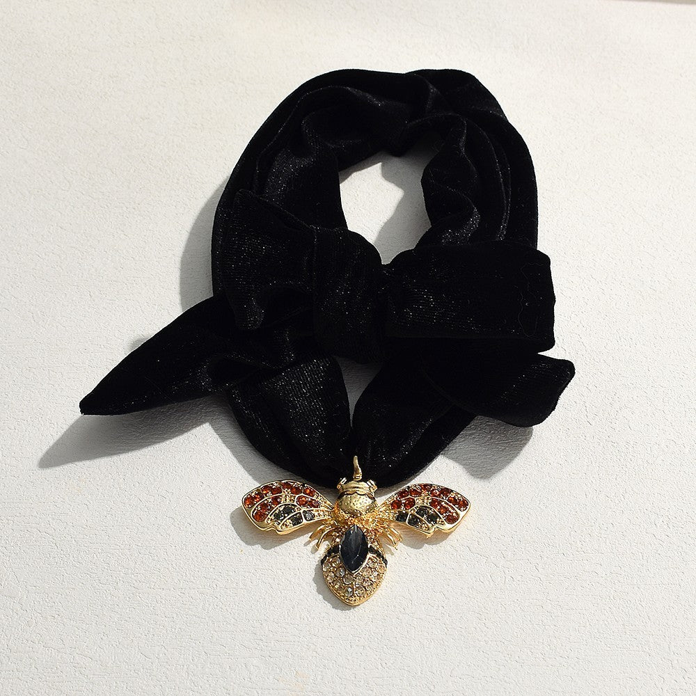 Statement Black Velvet Choker Necklace Bumble Bee Pendant Gold Rhinestone Scarf