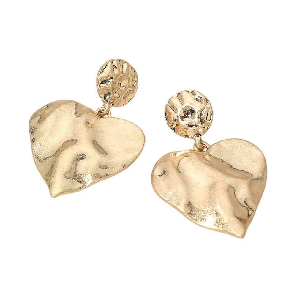 Gold Hammered Heart Dangle Earrings - Textured Abstract Statement Jewelry Gift