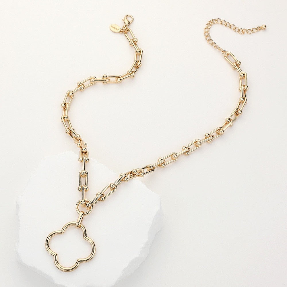 Gold Link Chain Clover Pendant Necklace - Modern Industrial Statement Jewelry