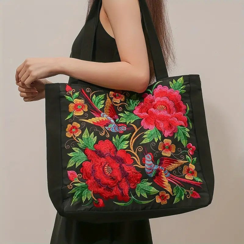 Vintage Red Floral Embroidered Black Canvas Tote Bag Handbag Purse