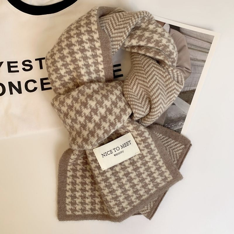 2PCS Houndstooth Winter Scarf Set Women Men Knit Warm Soft Fashion Style