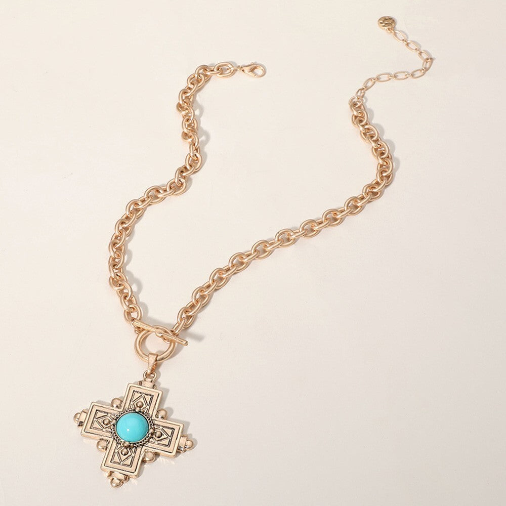 Turquoise Stone Cross Pendant Chunky Chain Necklace Statement Jewelry