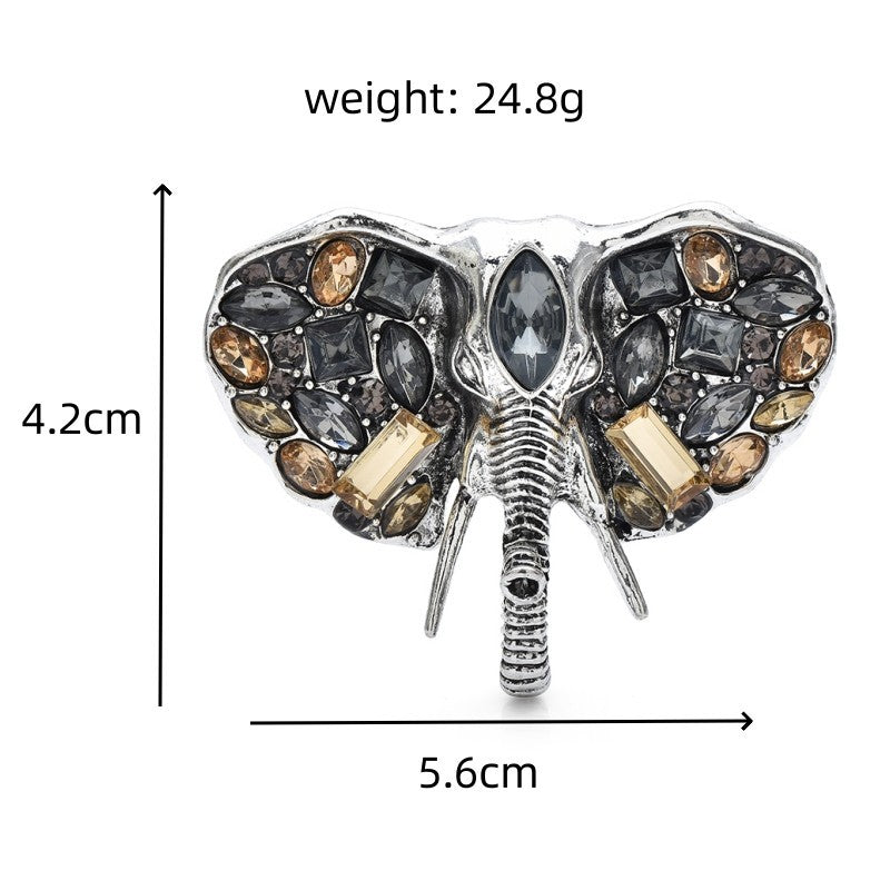 Vintage Style Elephant Brooch Pin Gray Amber Rhinestone Crystal Silver Tone