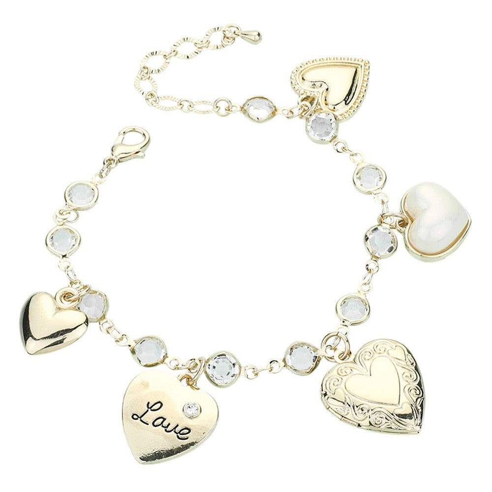 Heart Locket Pearl Charm Chain Bracelet Gold Tone Women Fashion Jewelry