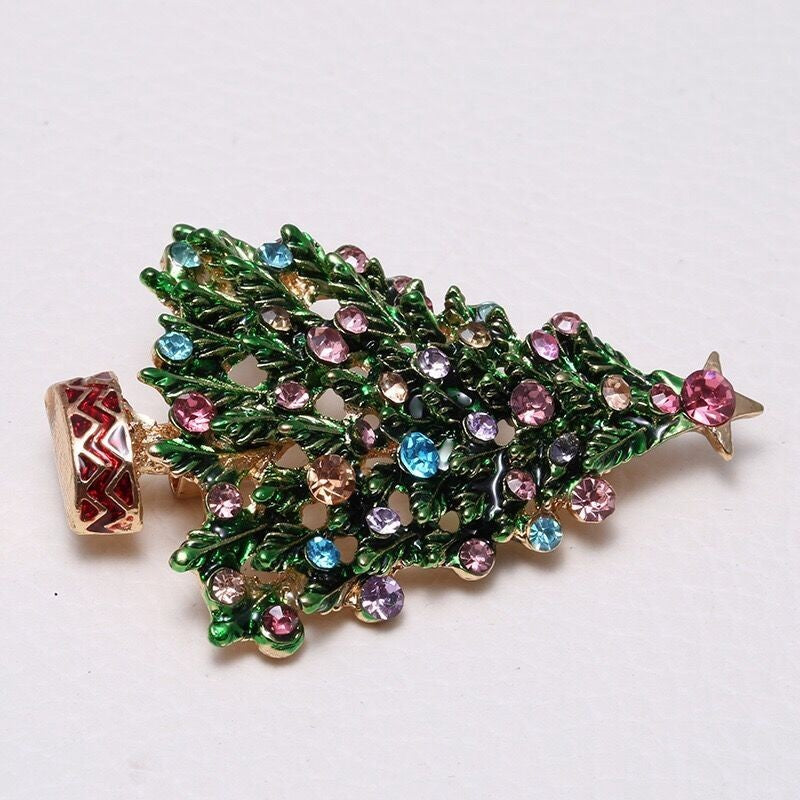 Christmas Tree Brooch Rhinestone Enamel Gold Tone Festive Holiday Pin Jewelry