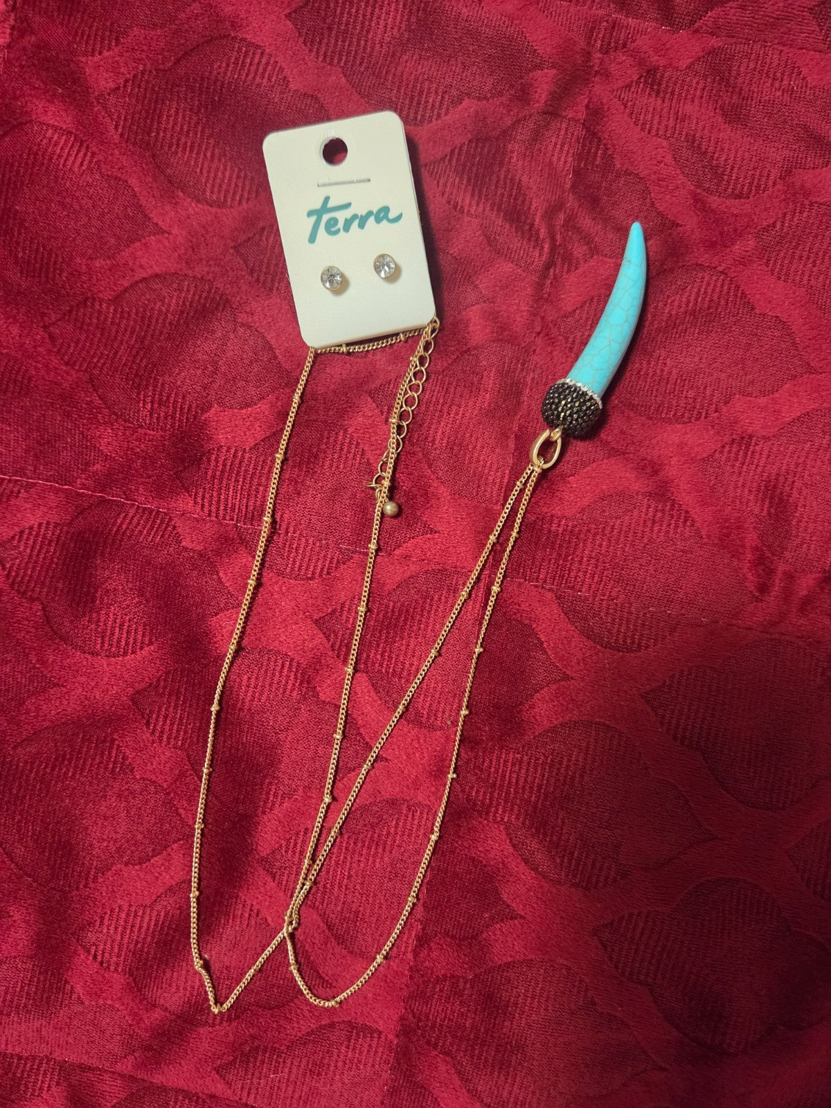 Boho Gold Chain Necklace with Turquoise Horn Pendant & Crystal Stud Earrings Set