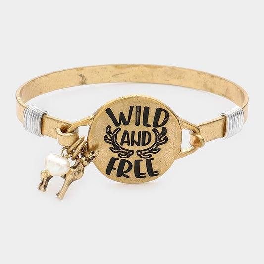 Wild and Free Deer Charm Hook Bracelet Inspirational Message Jewelry Gift