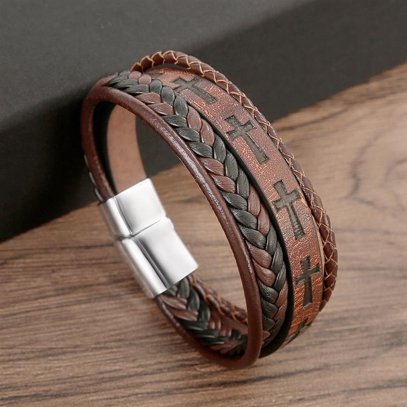 Men's Brown Braided Leather Cross Bracelet Stainless Steel Clasp Gift
