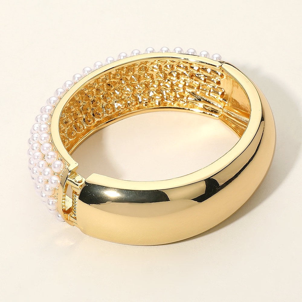Elegant Gold Faux Pearl Pave Wide Hinged Bangle Statement Cuff Bracelet