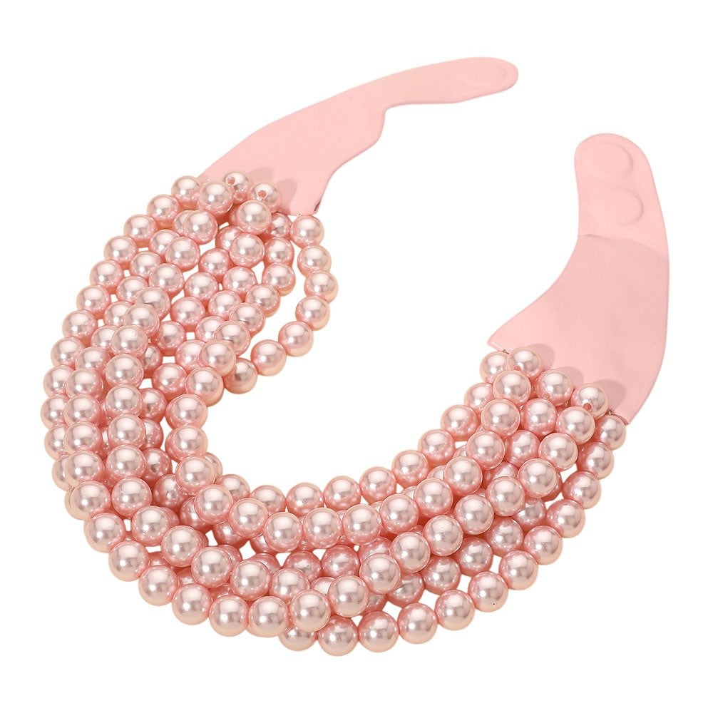 Pink Faux Pearl Multi-Strand Statement Bib Necklace Elegant Fashion Jewelry