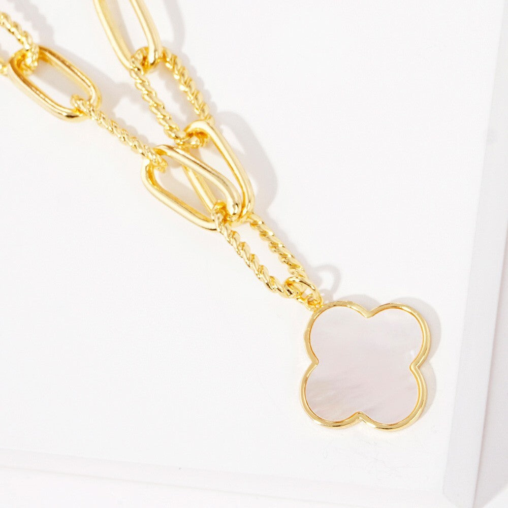 Gold Dipped Mother of Pearl Quatrefoil Pendant Necklace Elegant Jewelry