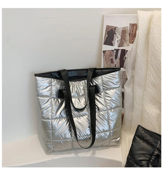 Gray Quilted Puffer Tote Bag Shoulder Handbag Zipper Closure Carryall Purse