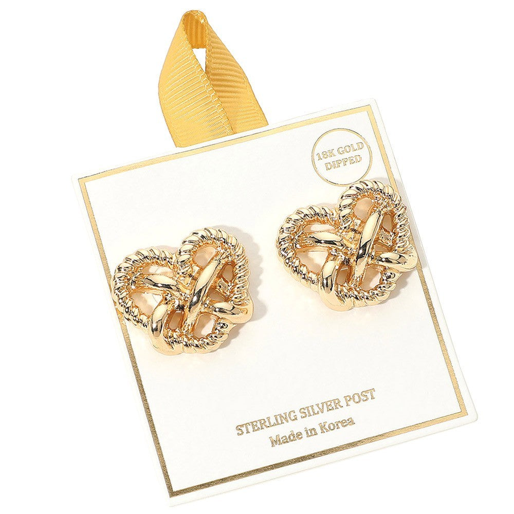 Women's 18K Gold Dipped Twisted Knot Heart Stud Earrings w/ Sterling Silver Post