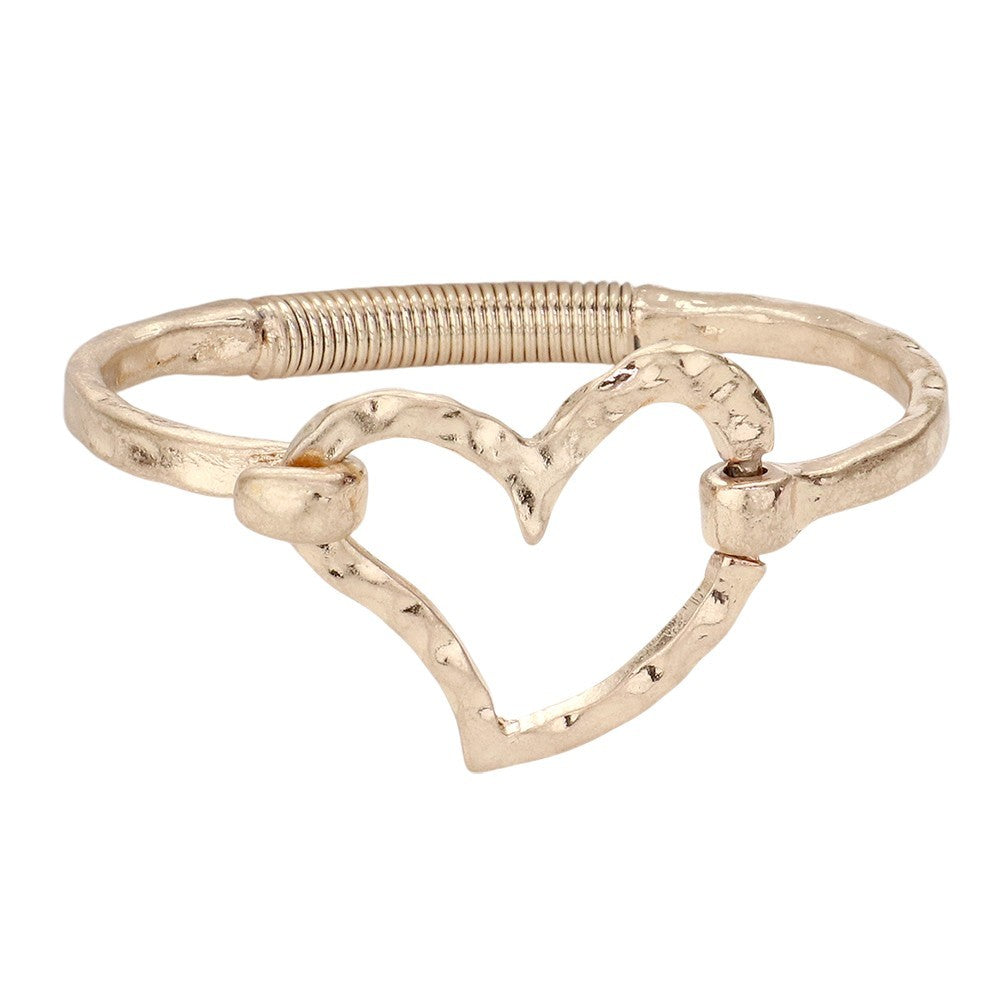 2PCS Hammered Metal Open Heart Hook Bangle Bracelet Set Gold Silver Tone