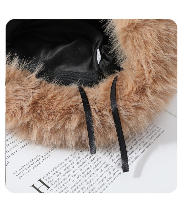 Faux Fur Bucket Hat Women Winter Warm Fluffy Fisherman Cap Light Brown Adjustabl