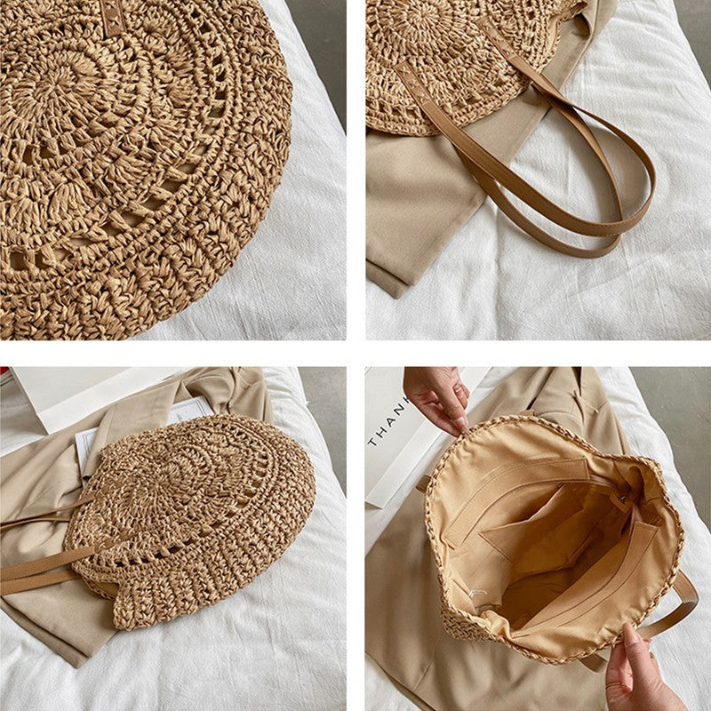 Woven Straw Shoulder Bag for Women Summer Rattan Beach Vacation Tote Brown
