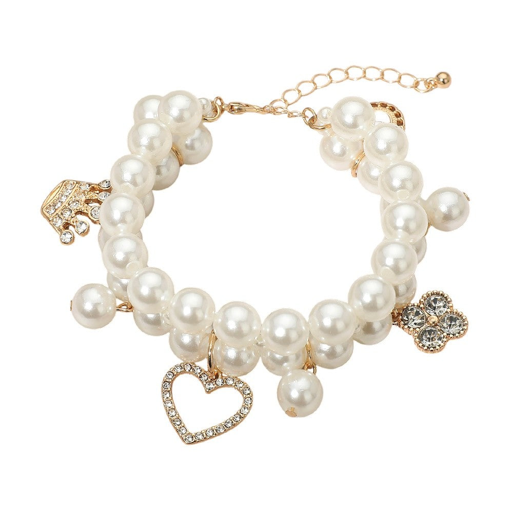 White Faux Pearl Double Strand Charm Bracelet Heart Crown Flower Crystal