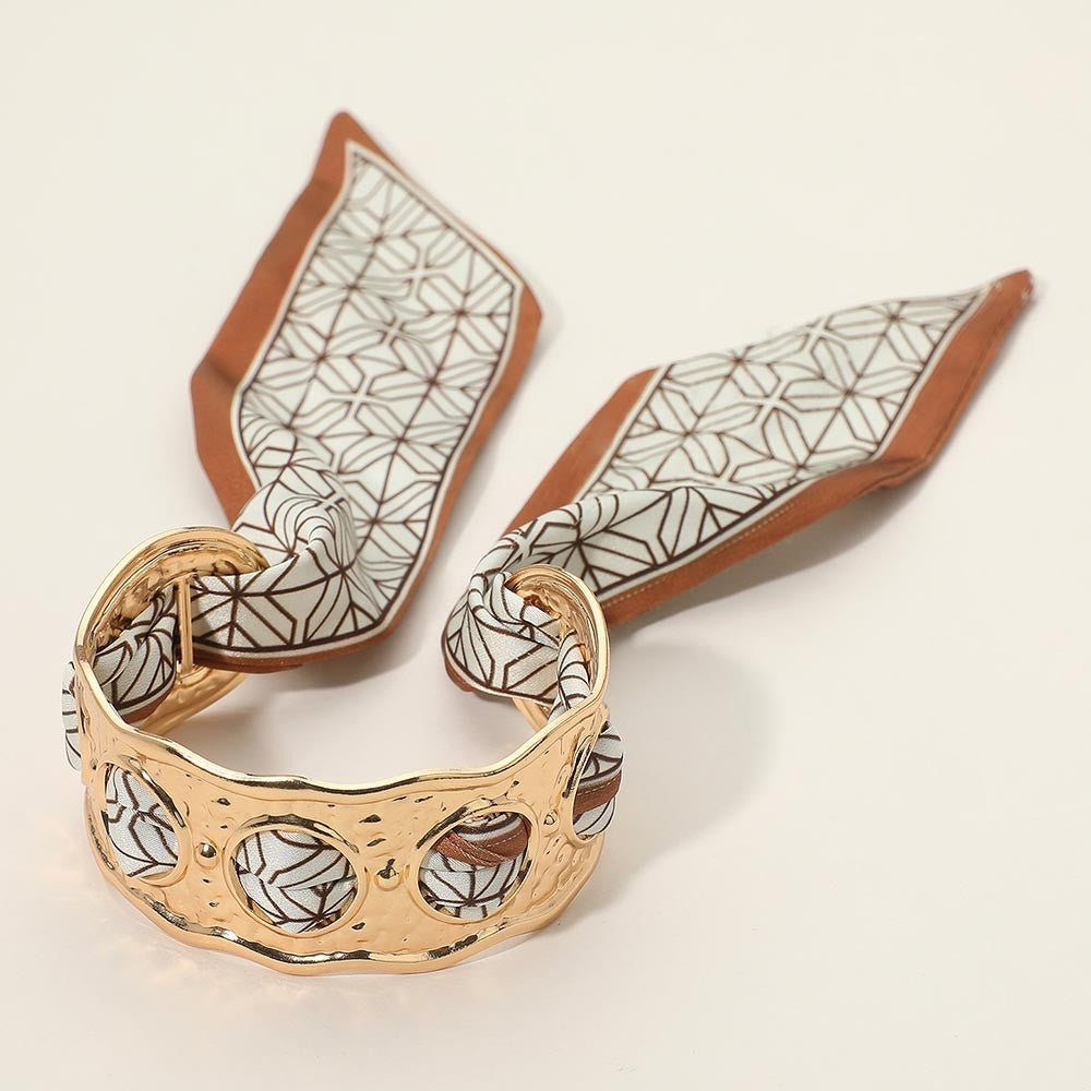 2PCS Gold Hammered Metal Cuff Bracelet with Scarf Tie Elegant Statement Jewelry