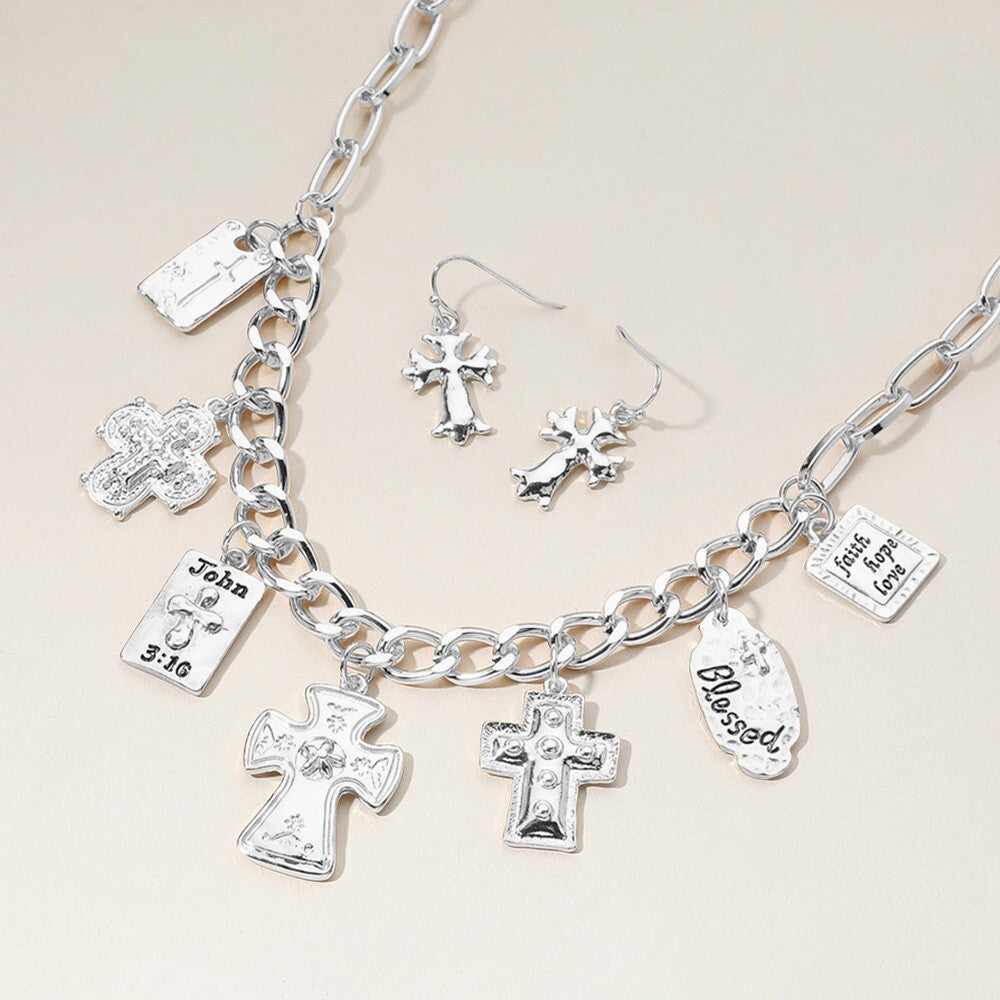 Chunky Chain Necklace Set with Metal Cross and Bible Charm Station for Women