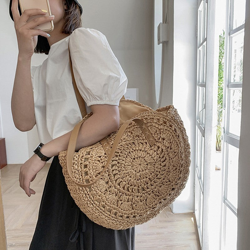 Woven Straw Shoulder Bag for Women Summer Rattan Beach Vacation Tote Brown