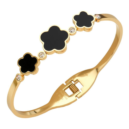 Triple Quatrefoil Stone Bezel Stainless Steel Hinged Bangle Bracelet for Women