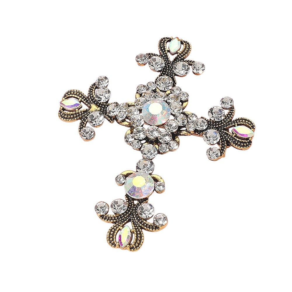2pcs Gothic Cross Brooch Set Antique Gold & Black Crystal Religious Statement Pi