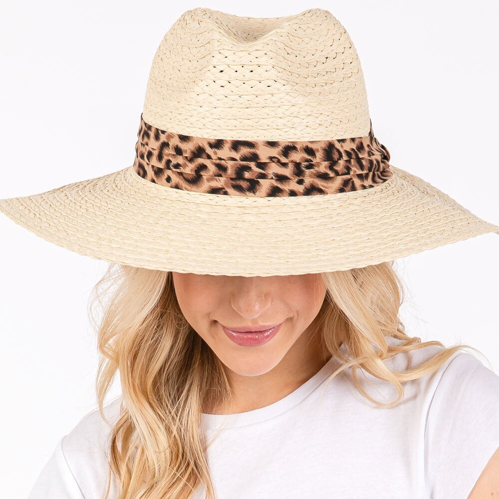 Leopard Band Straw Sun Hat for Women Wide Brim Summer Beach Travel Hat Chic