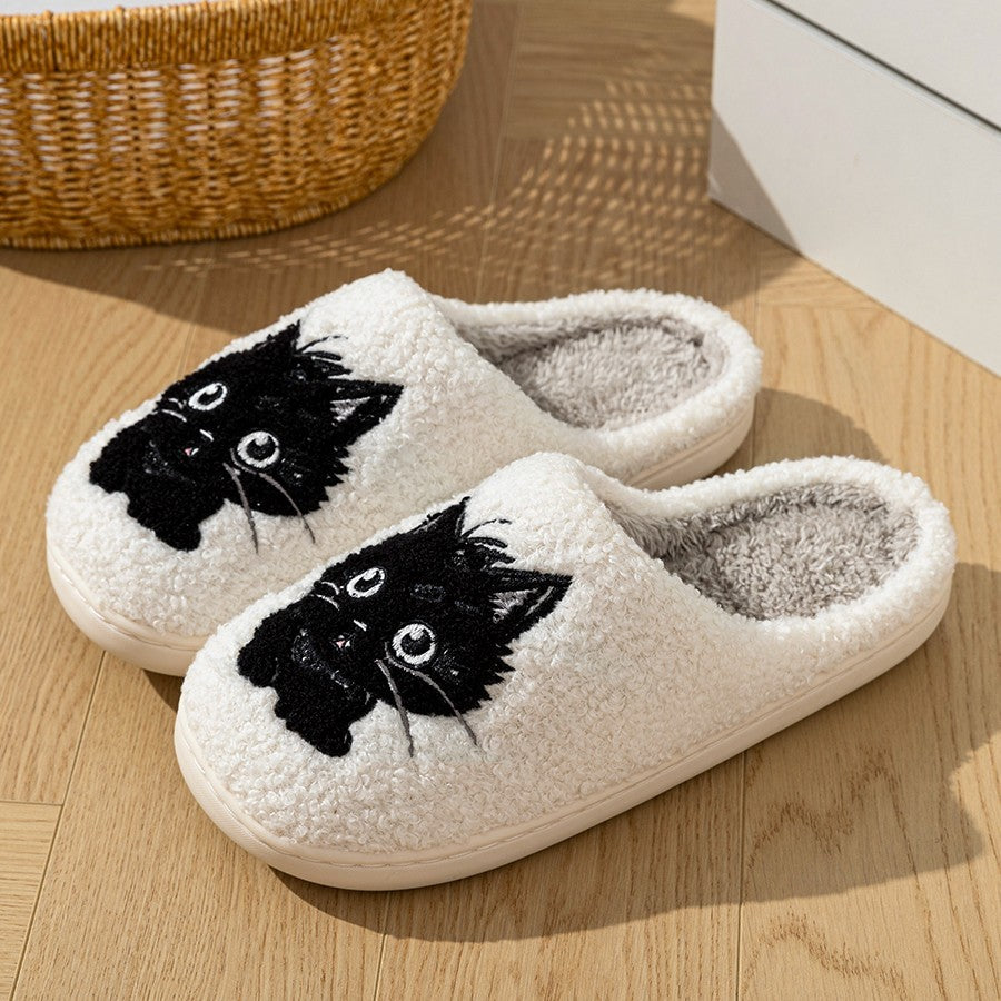 White Fuzzy Cat Slippers Indoor Shoes Black Cat Face Embroidery Soft Plush