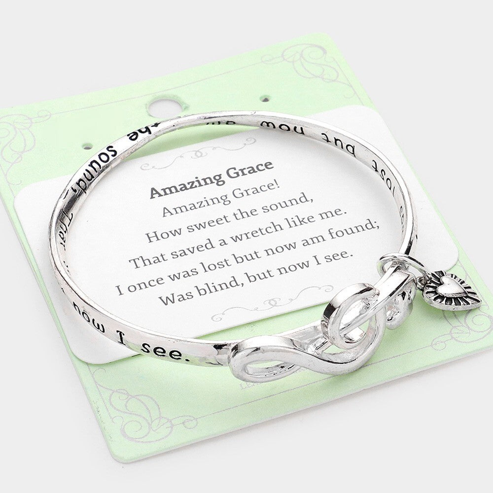 Women's Amazing Grace Bangle Bracelet Heart Charm Treble Clef Music Jewelry