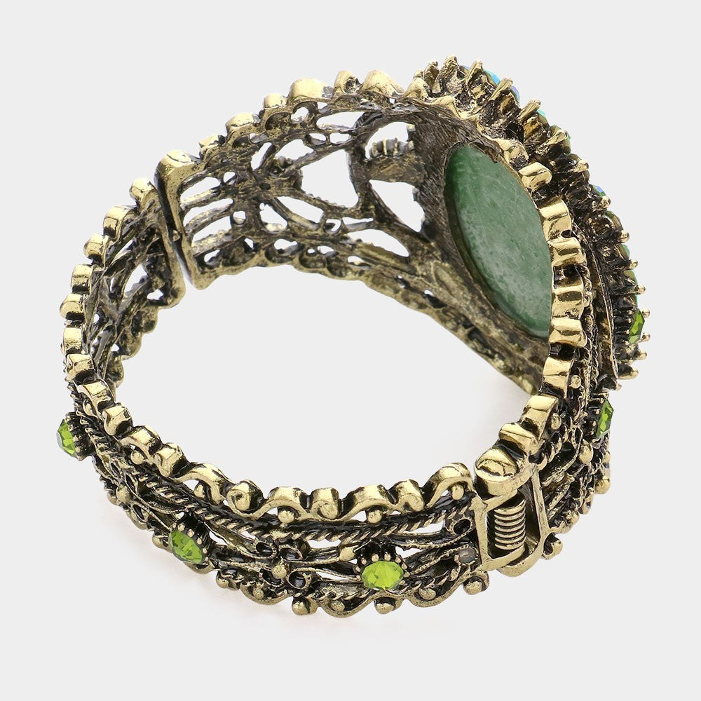 Cameo Centered Stone Trimmed Metal Hinged Bracelet Elegant Women’s Jewelry