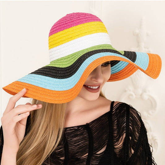 Color Block Floppy Straw Sun Hat for Women Multicolor Wide Brim Beach Hat