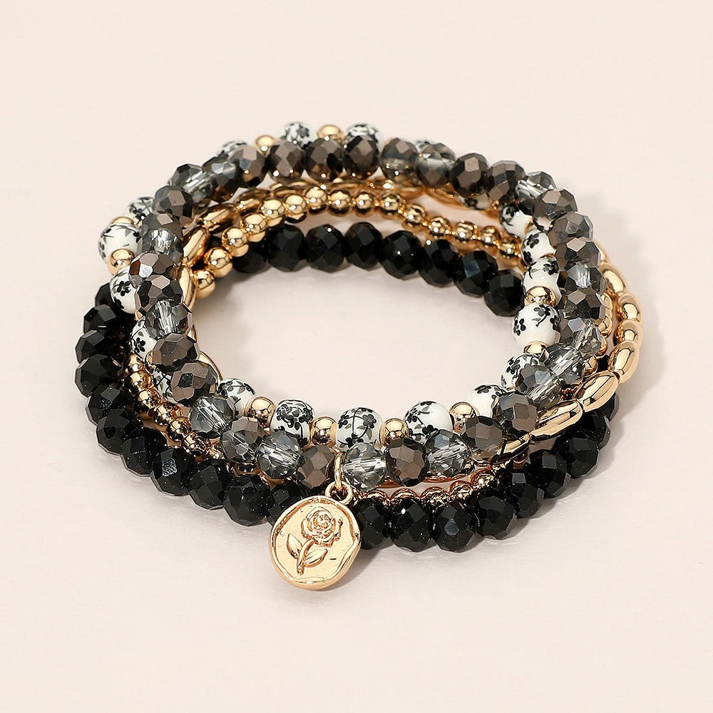5pc Floral Embossed Oval Charm Beaded Stretch Bracelet Set Layered Boho Stack
