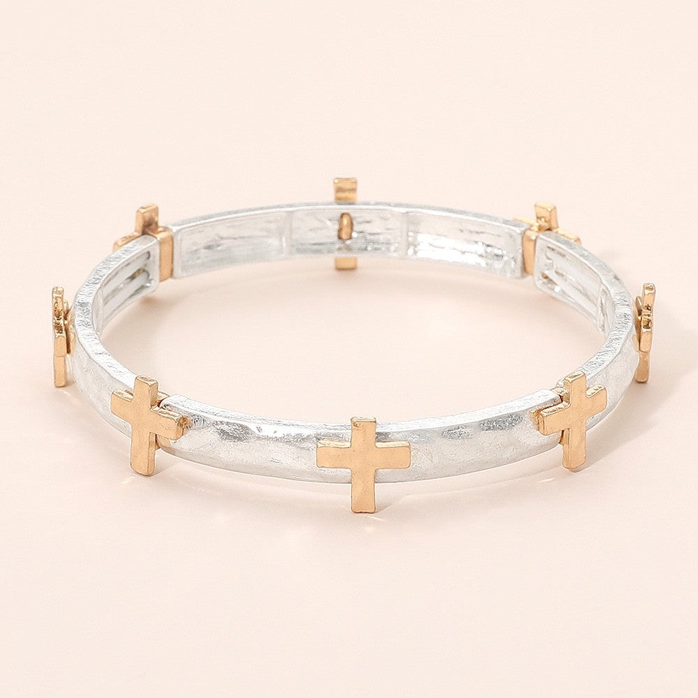 Silver and Gold Two-Tone Hammered Stretch Bangle with Cross Charms Religious