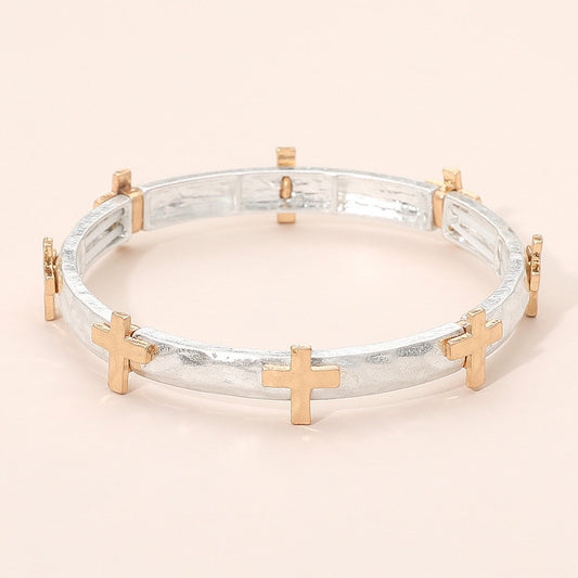 Silver and Gold Two-Tone Hammered Stretch Bangle with Cross Charms Religious