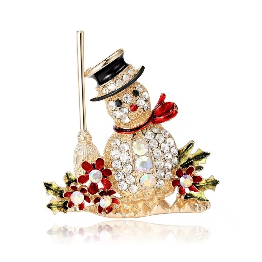 Rhinestone Snowman Brooch Gold Tone Red Green Enamel Christmas Holiday Pin