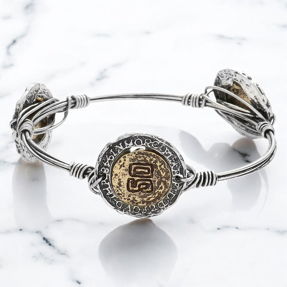 Rustic Bohemian Mixed Metal Coin Wire Wrapped Bangle Bracelet Vintage Look