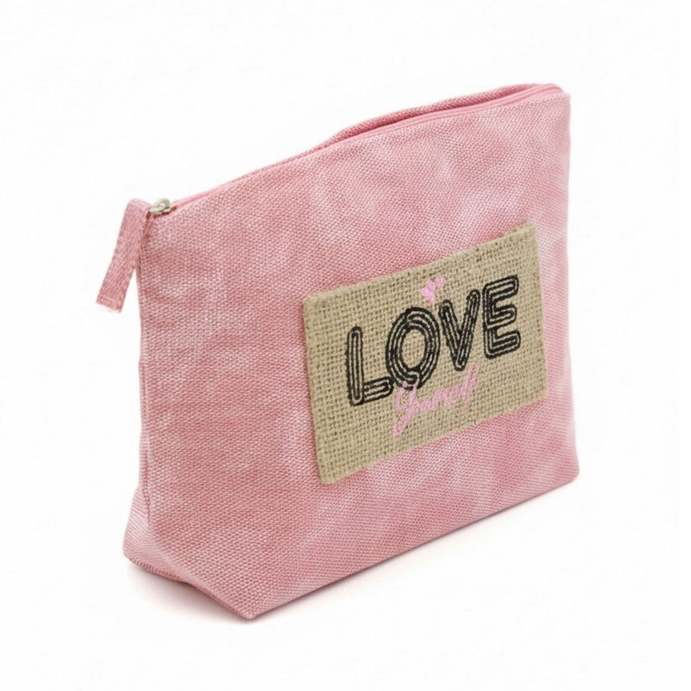 Love Yourself Pink Canvas Makeup Bag Burlap Patch Cosmetic Pouch 9.5x6x2.5 Inch