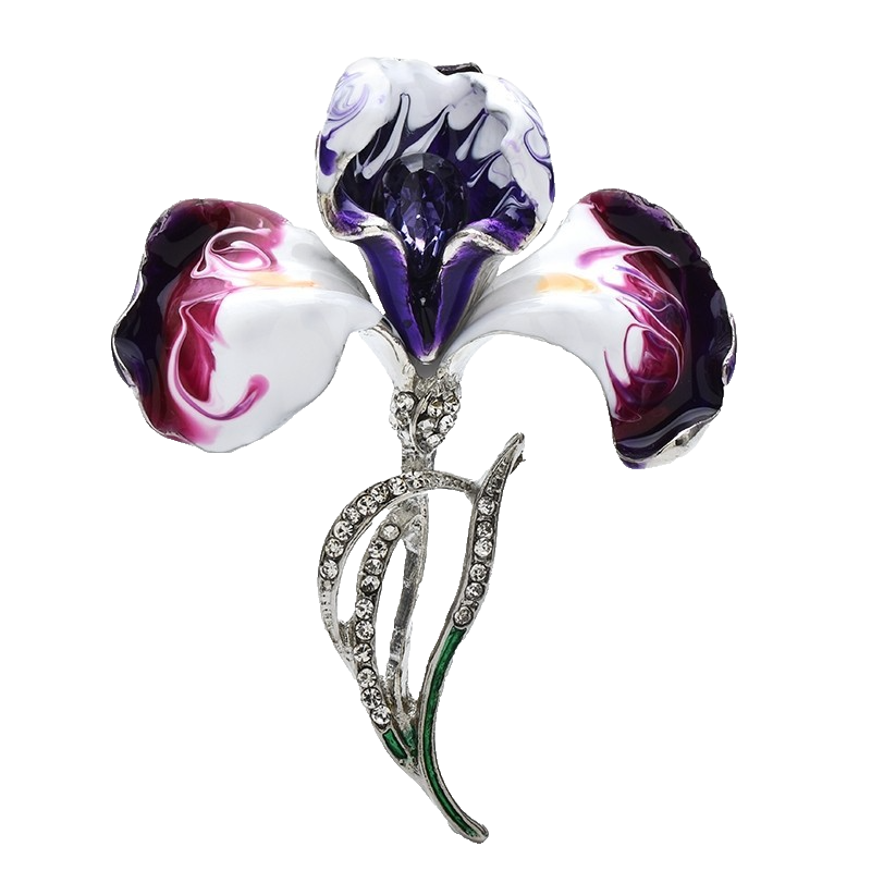 Purple Iris Flower Brooch Enamel Crystal Floral Pin Silver Tone Botanical Jewelr