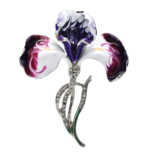 Purple Iris Flower Brooch Enamel Crystal Floral Pin Silver Tone Botanical Jewelr