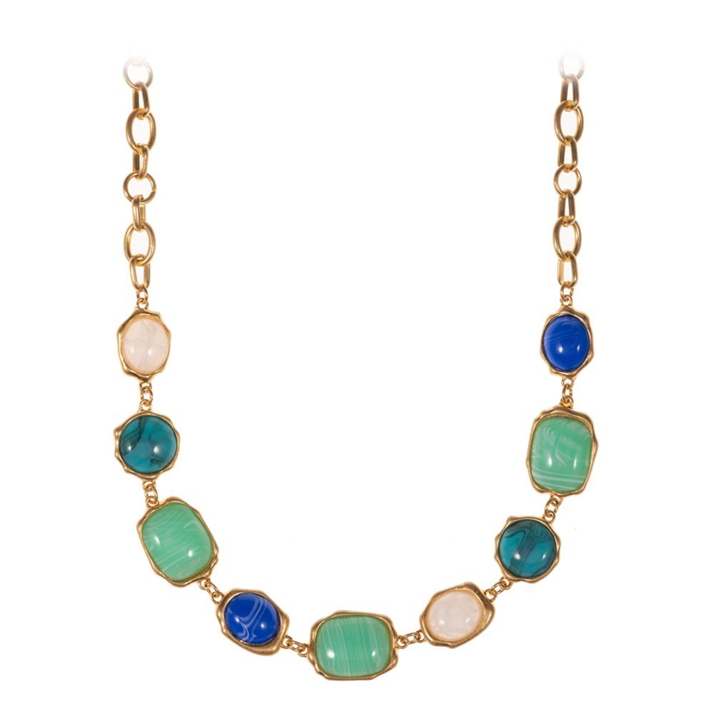 Gold Tone Statement Necklace Resin Stones Green Blue White Bib Chunky Jewelry