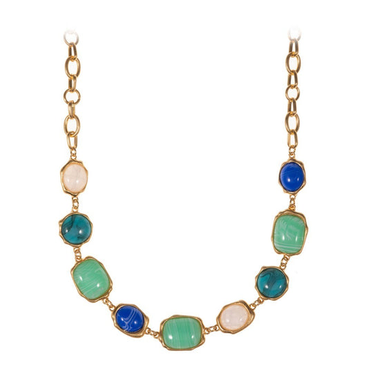 Gold Tone Statement Necklace Resin Stones Green Blue White Bib Chunky Jewelry