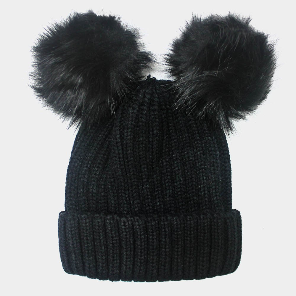 Women's Double Pom Pom Beanie Black Knit Winter Hat Faux Fur Dual Bobble Cap