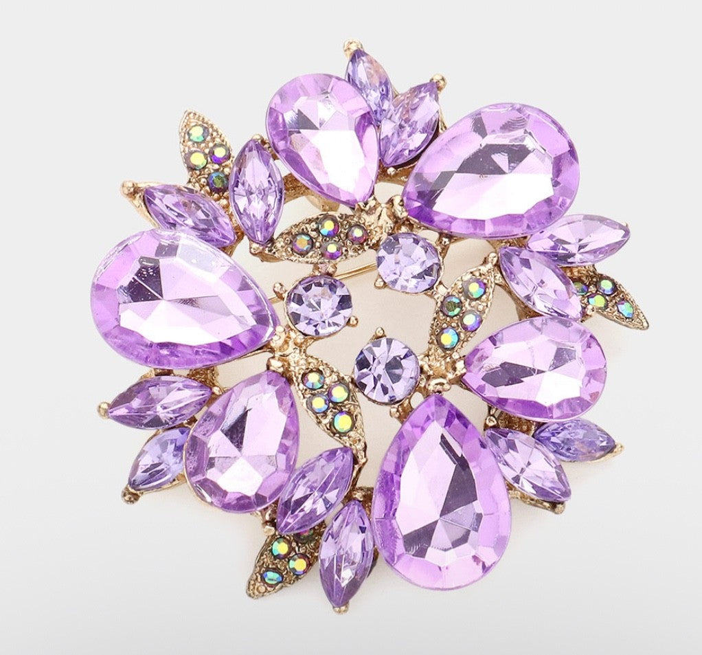 Purple Pear Cut Crystal Flower Brooch Gold Tone Teardrop Rhinestone Wreath Pin