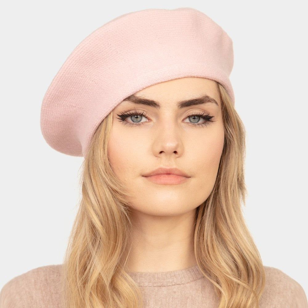 Stretchy Solid Color Beret Hat for Women Men Unisex Soft Knit Beanie Cap Pink