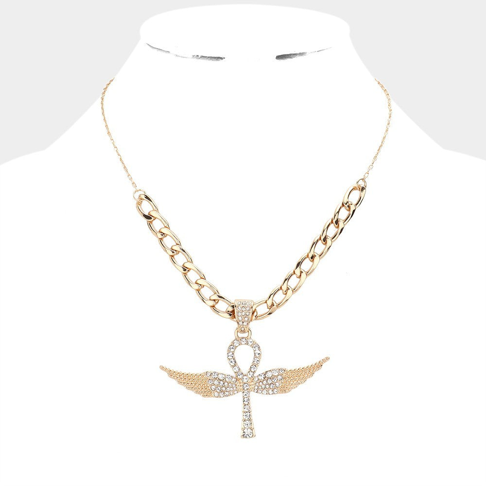 Gold Winged Ankh Angel Pendant Necklace Pave Crystal Hip Hop Bling Chain