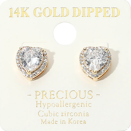 14K Gold Dipped Heart CZ Stud Earrings Hypoallergenic Fashion Jewelry Gift