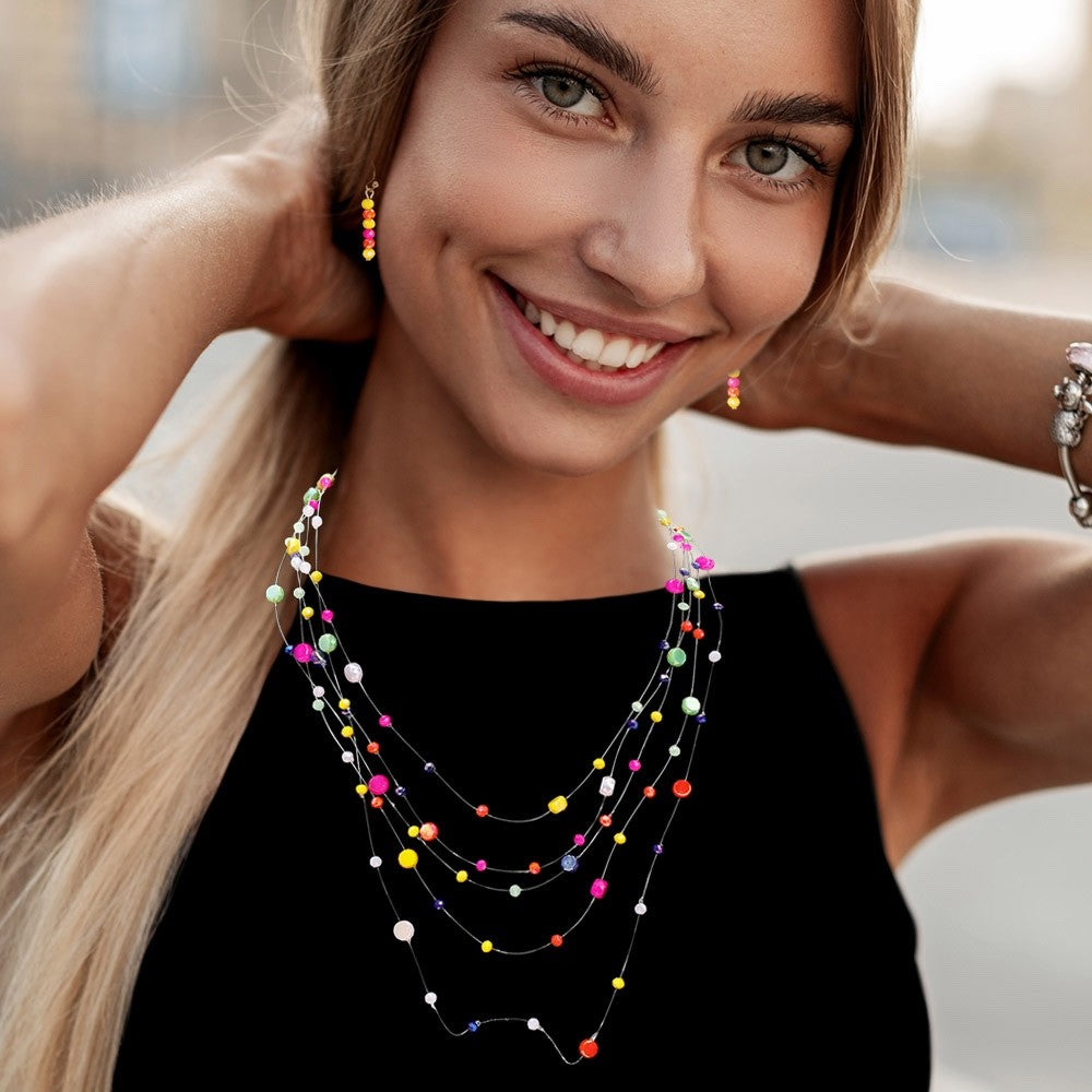 Colorful Multi Strand Seed Bead Illusion Necklace and Earring Set