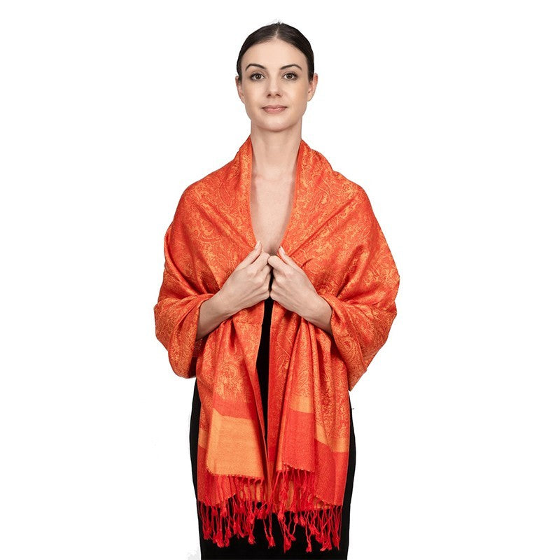 Orange Pashmina Shawl Scarf Paisley Jacquard Wrap Evening Stole With Tassels