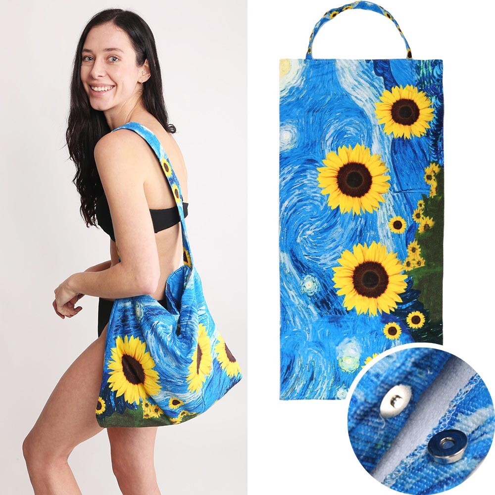 Sunflower Print Beach Towel and Matching Tote Bag Set Summer Travel Essentials